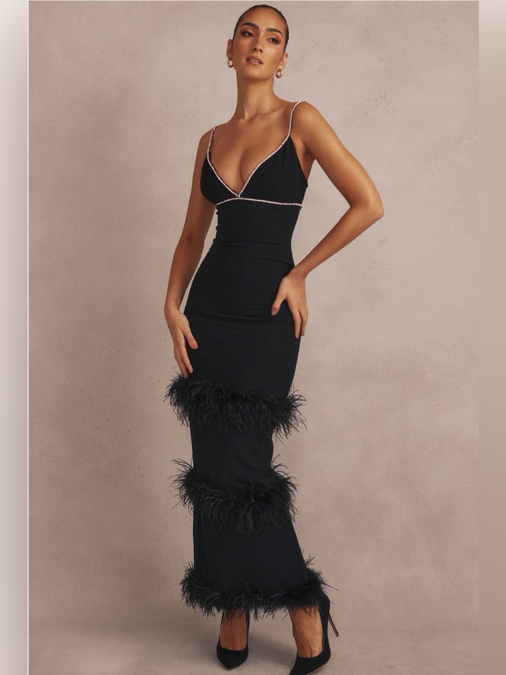 House of CB Black Feather-Trim Slip Dress with Rhinestone Piping